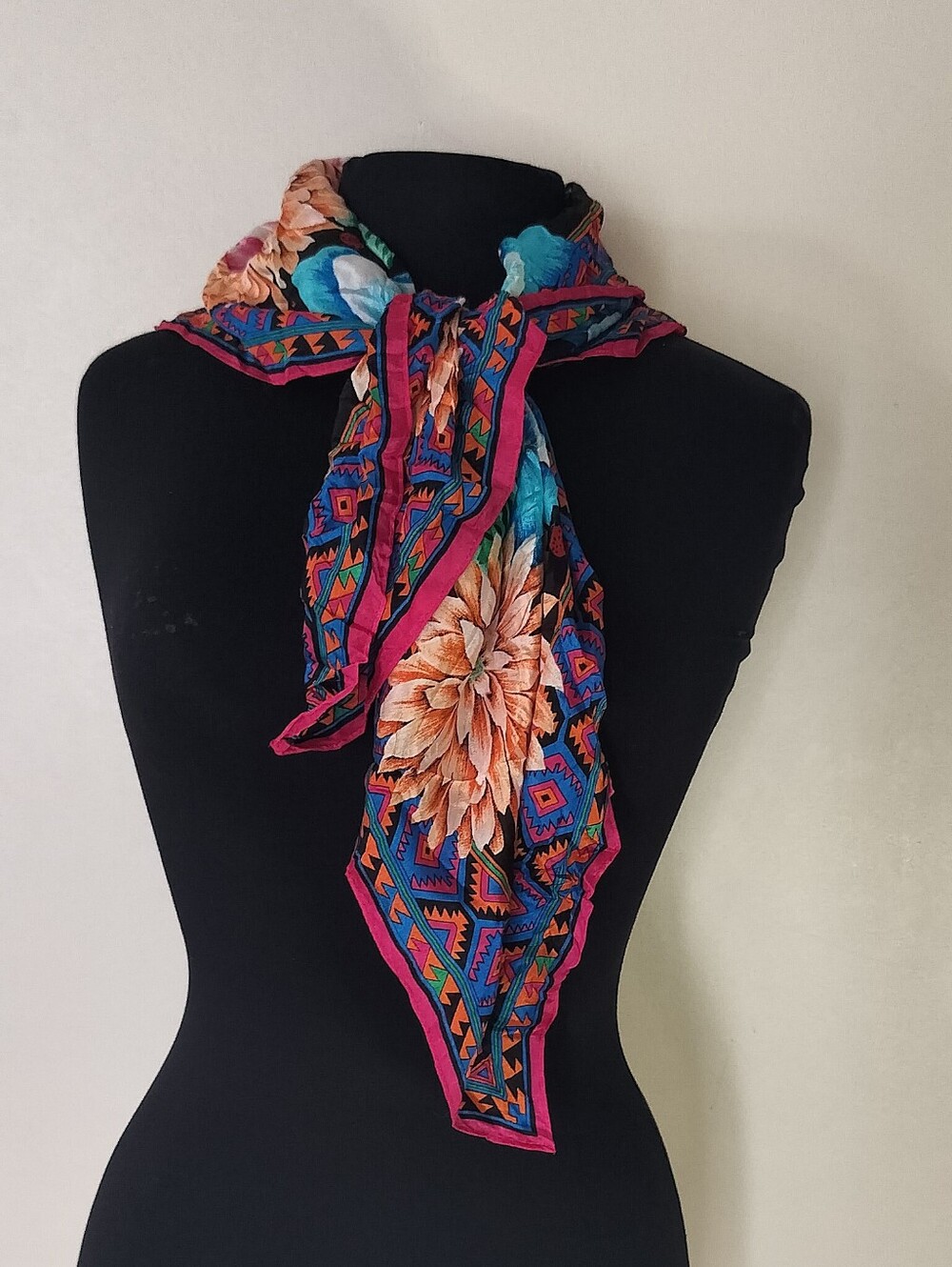 Oscar de la Renta Floral & Geometric Silk Scarf in Pink, Blue & Orange